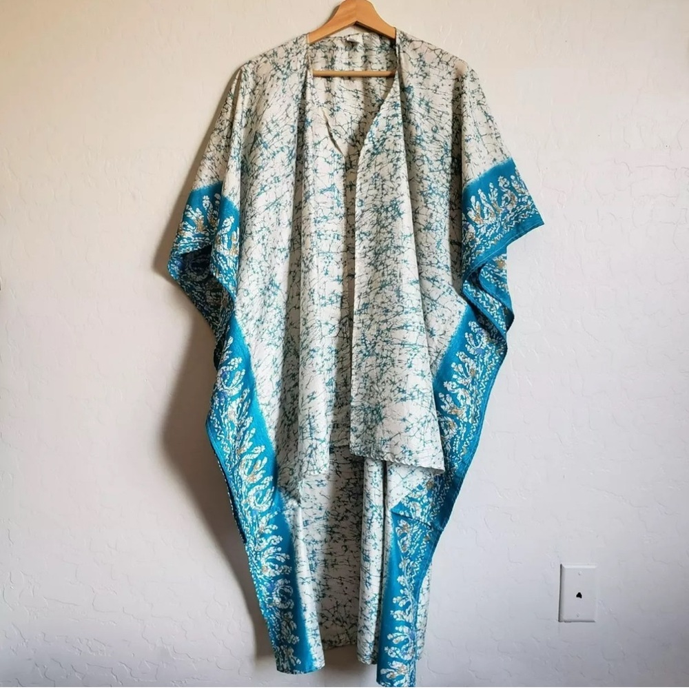 Kantha Bae 100% Silk Open Front Duster Kimono Hi-Low Short
Sleeves Printed Teal